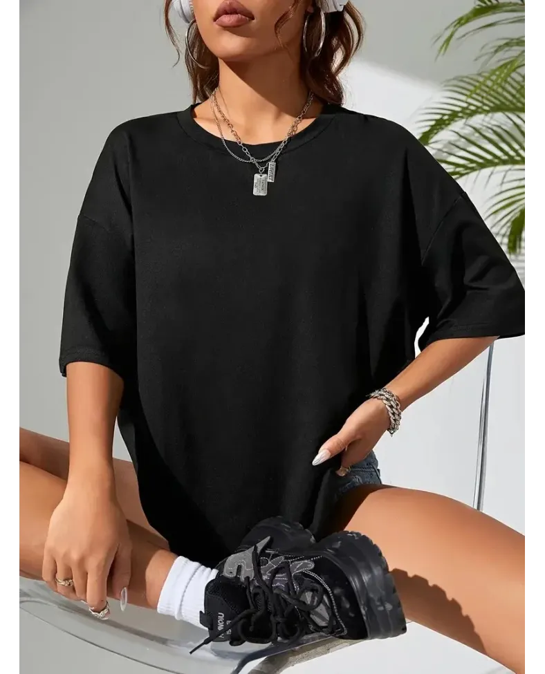 Büyük Boy Ayıcık Baskılı Bisiklet Yaka İlkbahar Yaz İçin Kısa Kollu Kadın Giyim - Siyah