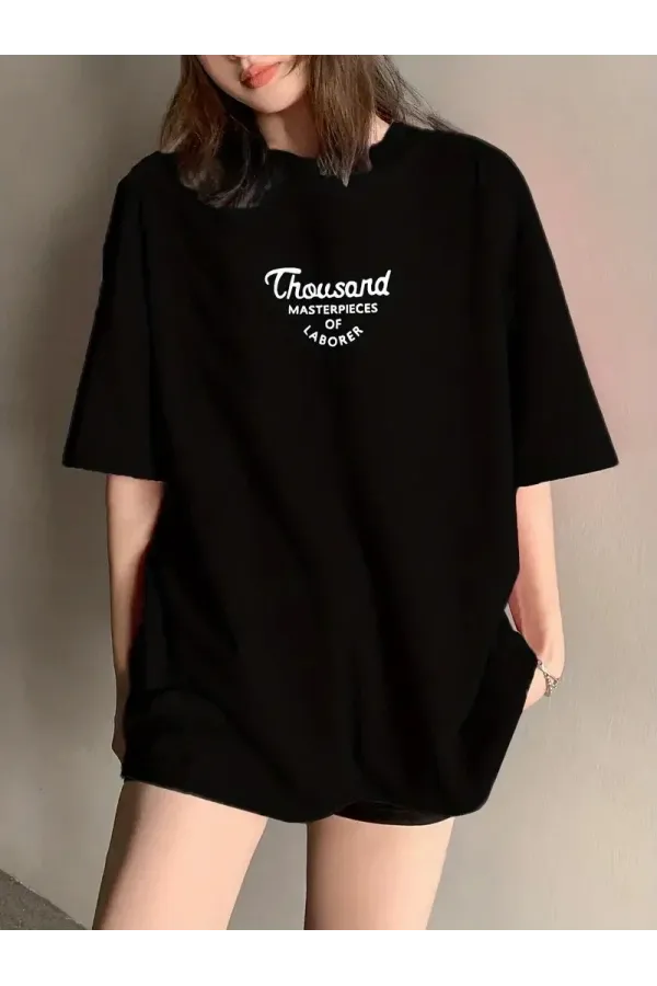 Kadın Thousand Baskılı Oversize Bisiklet Yaka T-shirt - Siyah