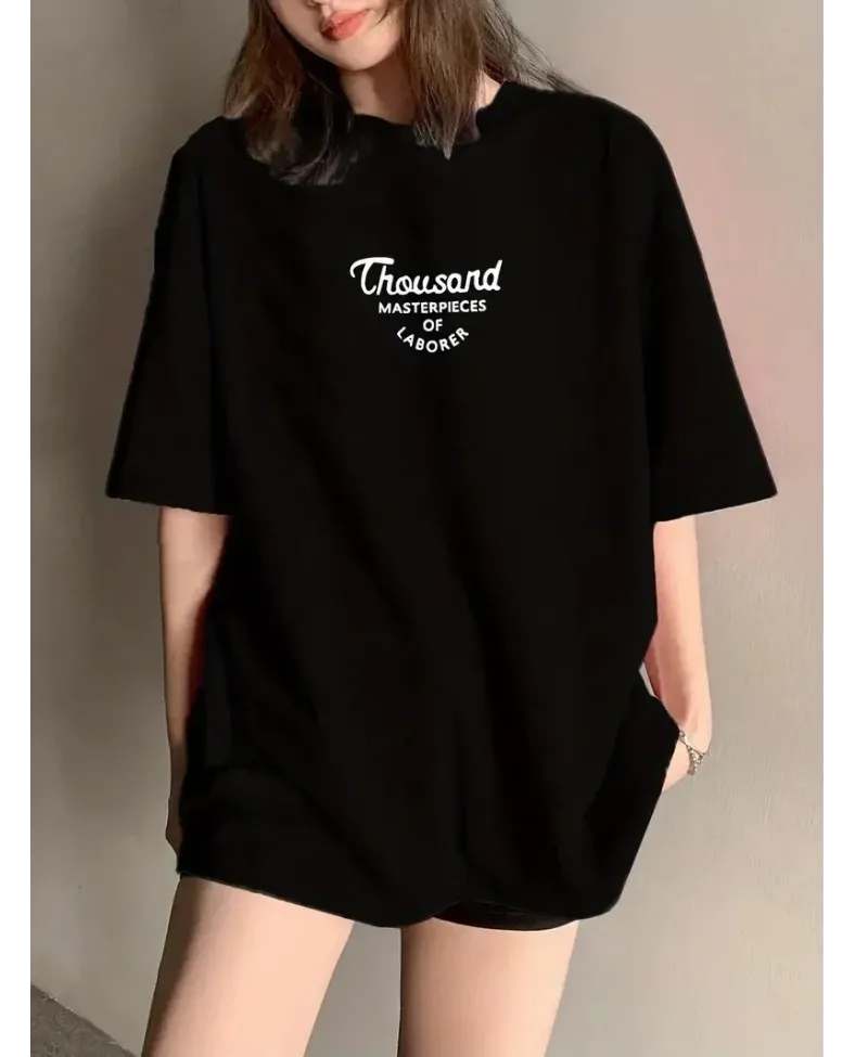 Kadın Thousand Baskılı Oversize Bisiklet Yaka T-shirt - Siyah