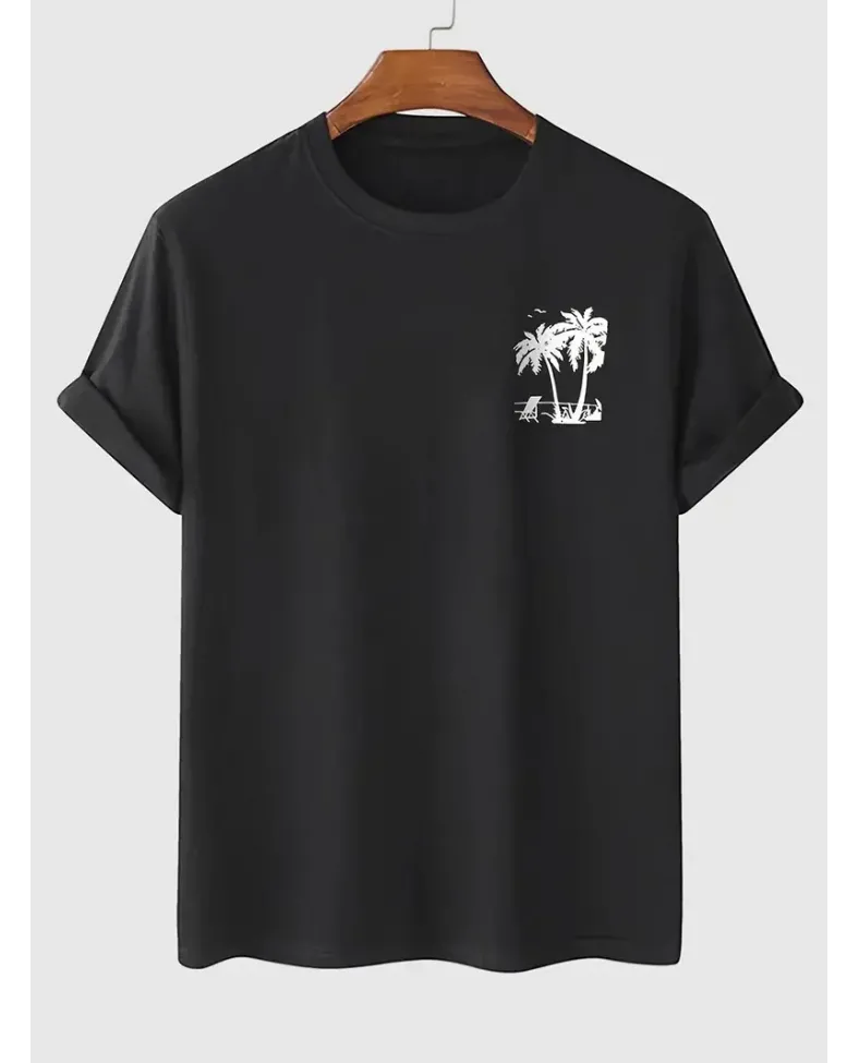 Erkek Penye Compack Palmiye Ön Baskılı Bisiklet Yaka Kısa Kol Yazlık T-shirt - Siyah