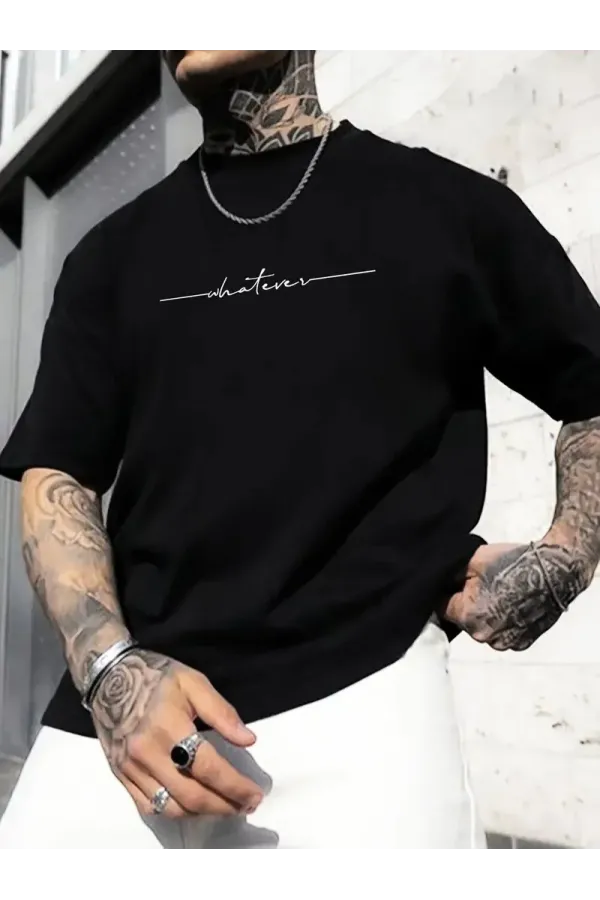 Büyük Beden Erkek "Whatever" Baskılı Tişört Oversize Erkekler İçin Yaz Modası Kısa - Siyah