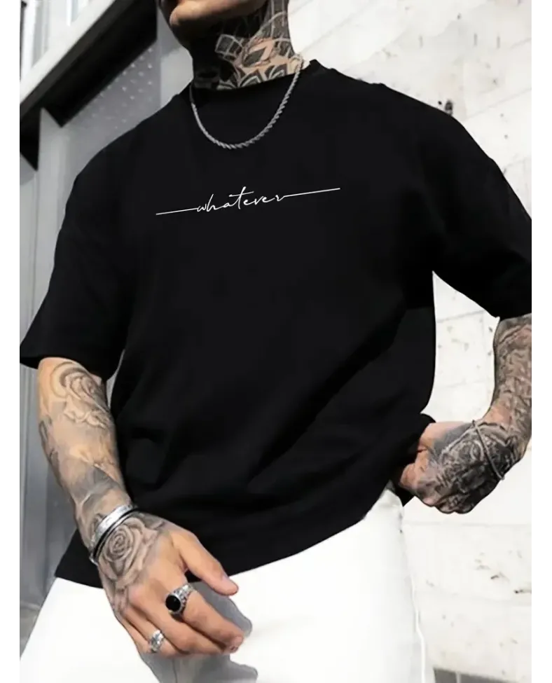 Büyük Beden Erkek "Whatever" Baskılı Tişört Oversize Erkekler İçin Yaz Modası Kısa - Siyah