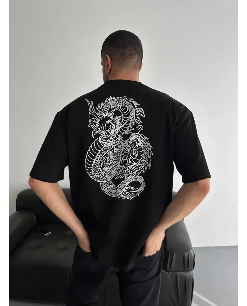 Baskılı Oversize Bisiklet Yaka - Siyah