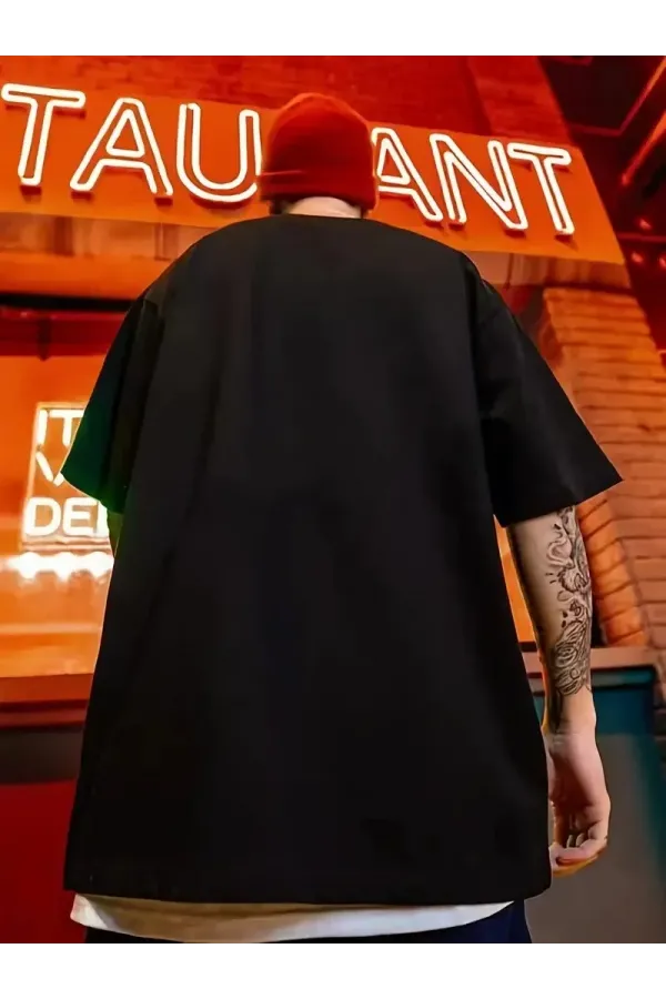 erkek büyük beden Kart baskılı düz renk kısa kollu bisiklet yaka tişört gündelik giyim - Siyah