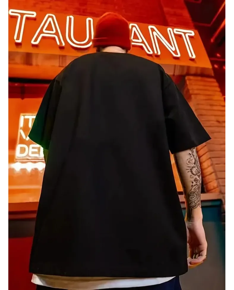 erkek büyük beden Kart baskılı düz renk kısa kollu bisiklet yaka tişört gündelik giyim - Siyah