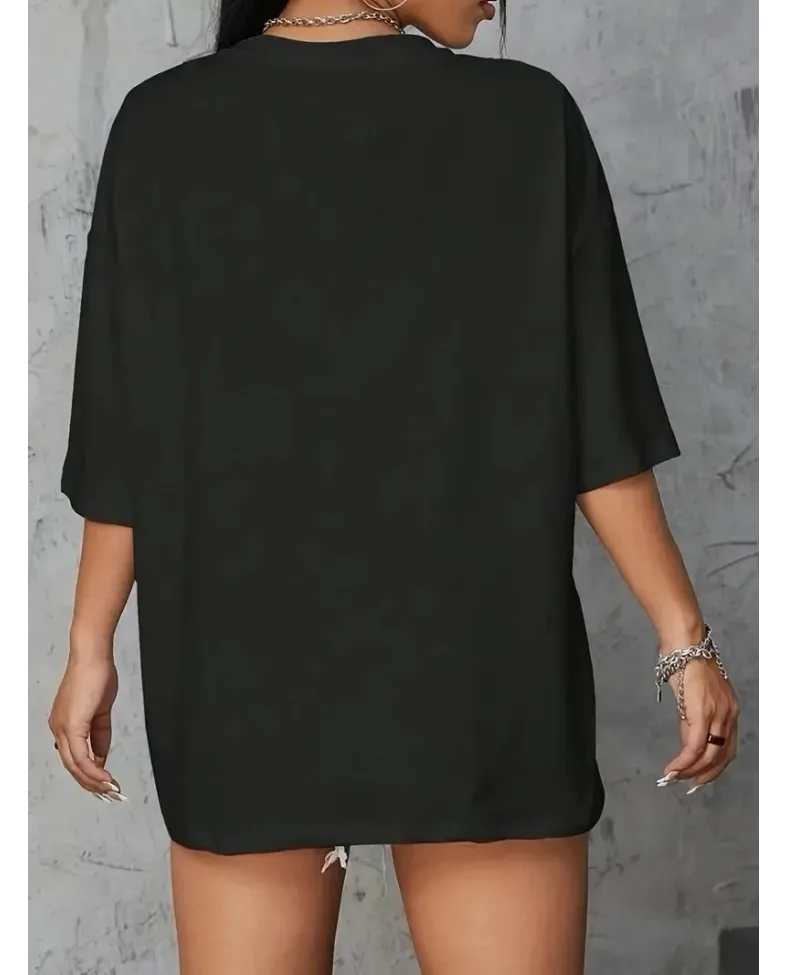 Kadın Brooklyn Harf Baskılı  T-shirt, Rahat Kısa Kollu Bol T-shirt, Kadın Giyim - Siyah