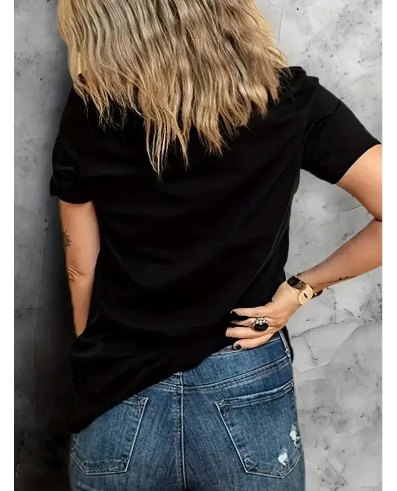 fermuar dudak baskılı tişört bisiklet yaka kısa kollu tişört - Siyah