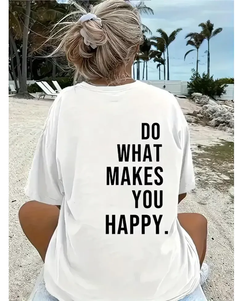 Kadın Do What Makes You Happy  Linemen Oversize Baskılı T-shirt - Beyaz