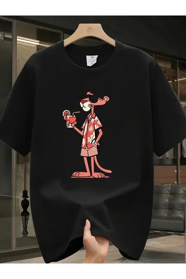 Pembe Panter Baskılı Erkek Oversize Kısa Kollu Tişört İlkbahar ve Yaz için - Siyah