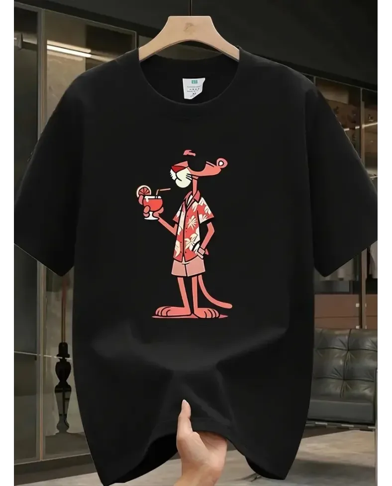 Pembe Panter Baskılı Erkek Oversize Kısa Kollu Tişört İlkbahar ve Yaz için - Siyah