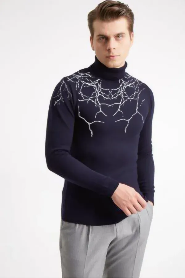 Erkek Yarım Bağazlı Kazak Baskılı Dokuma Triko - Lacivert