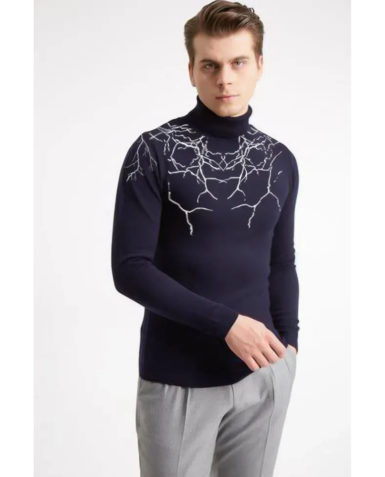 Erkek Yarım Bağazlı Kazak Baskılı Dokuma Triko - Lacivert Somersan Giyim | Kadın, Erkek ve Çocuk Moda