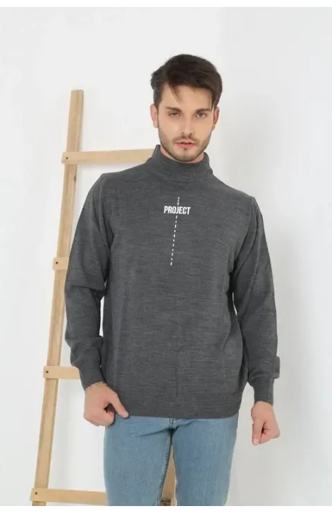 Erkek Yarım Bağazlı Kazak Baskılı Dokuma Triko - Füme