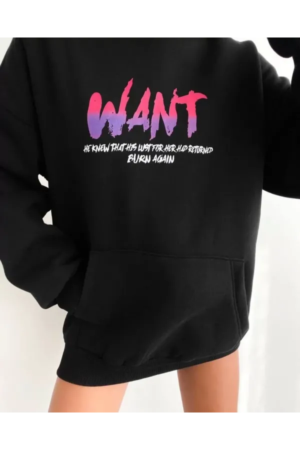 Baskılı Üç İplik Kapüşonlu Oversize Sweatshirt - Siyah