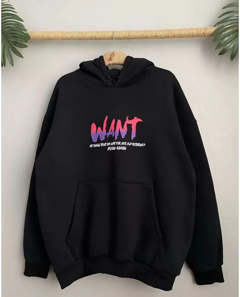 Baskılı Üç İplik Kapüşonlu Oversize Sweatshirt - Siyah