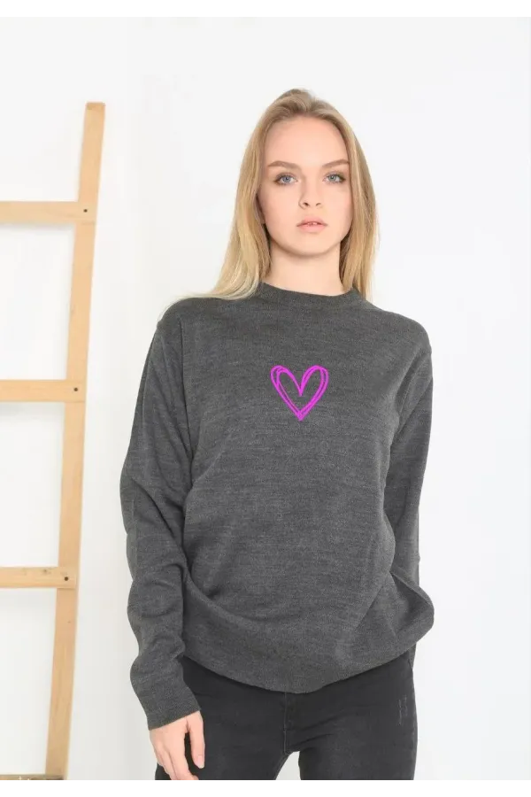 Baskılı Uzun Kol Bisiklet Yaka Dokuma Triko - Füme