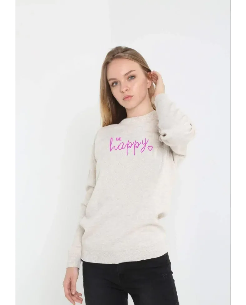 Kadın Bisiklet Yaka Kazak Baskılı Dokuma Triko - Bej