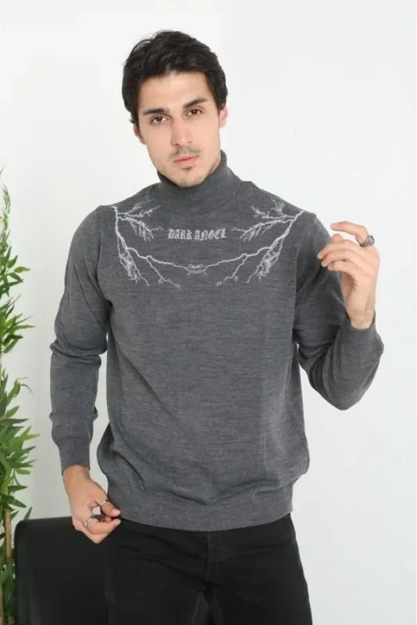 Erkek Yarım Bağazlı Kazak Baskılı Dokuma Triko - Antrasit