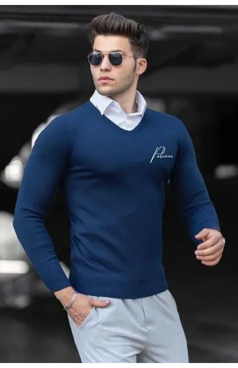 Erkek V Yaka Kazak Baskılı Dokuma Triko - İndigo