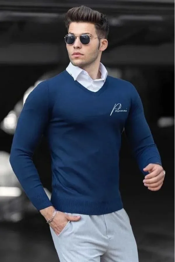 Erkek V Yaka Kazak Baskılı Dokuma Triko - İndigo