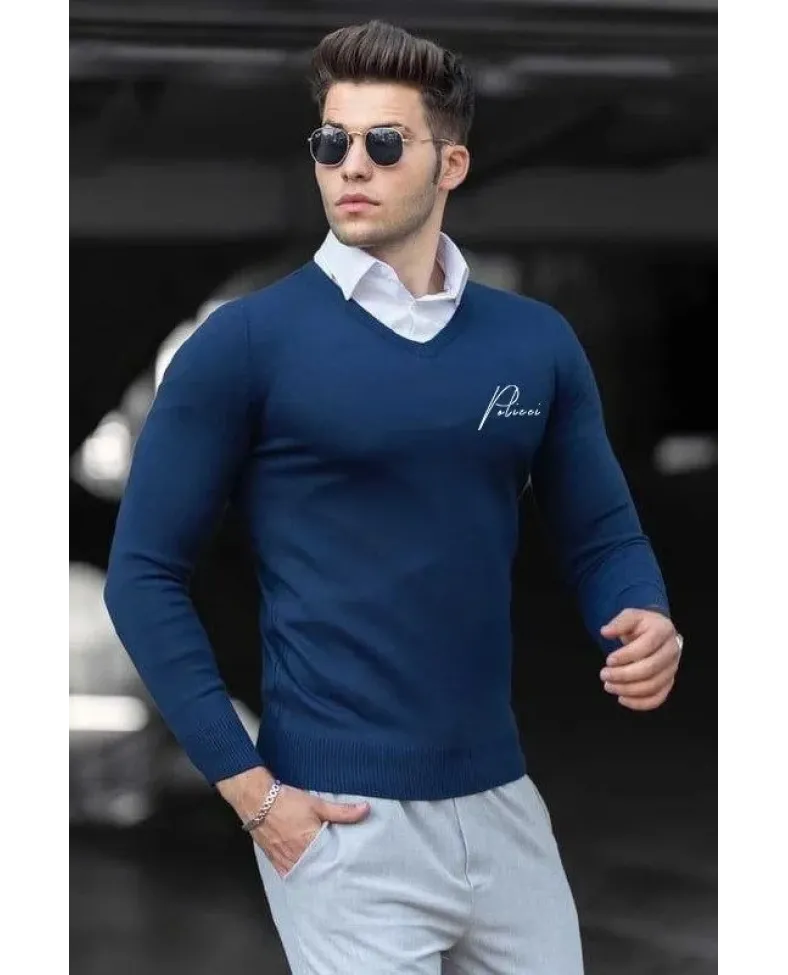 Erkek V Yaka Kazak Baskılı Dokuma Triko - İndigo