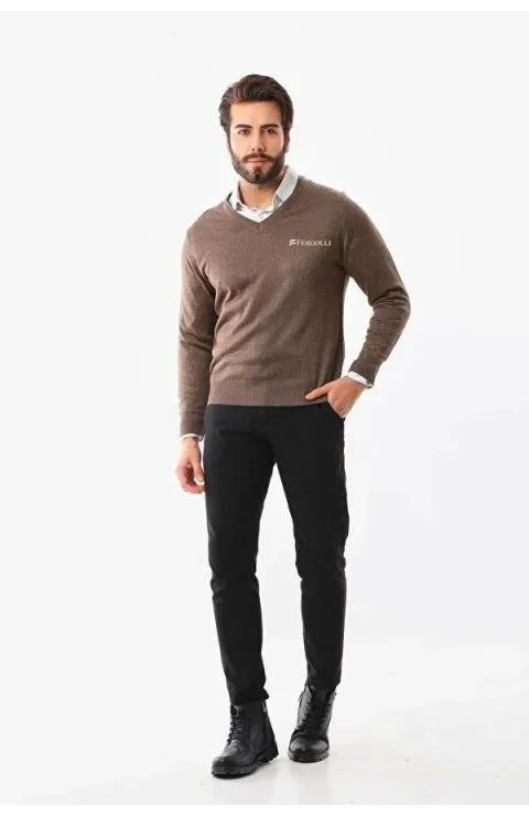 Erkek V Yaka Kazak Baskılı Dokuma Triko - Kahve