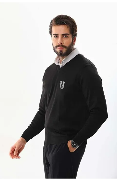 Erkek V Yaka Kazak Baskılı Dokuma Triko - Siyah