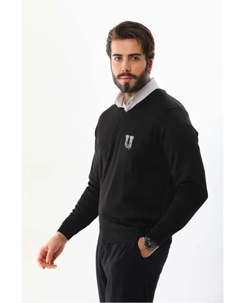 Erkek V Yaka Kazak Baskılı Dokuma Triko - Siyah