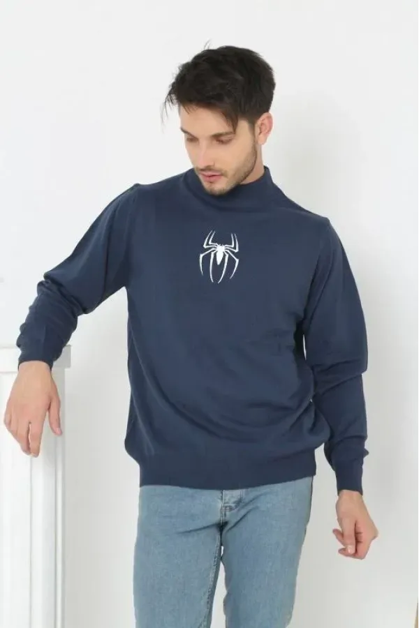 Erkek Yarım Bağazlı Kazak Baskılı Dokuma Triko - Indigo