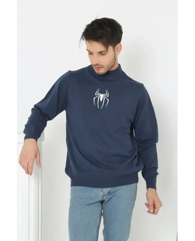 Erkek Yarım Bağazlı Kazak Baskılı Dokuma Triko - Indigo