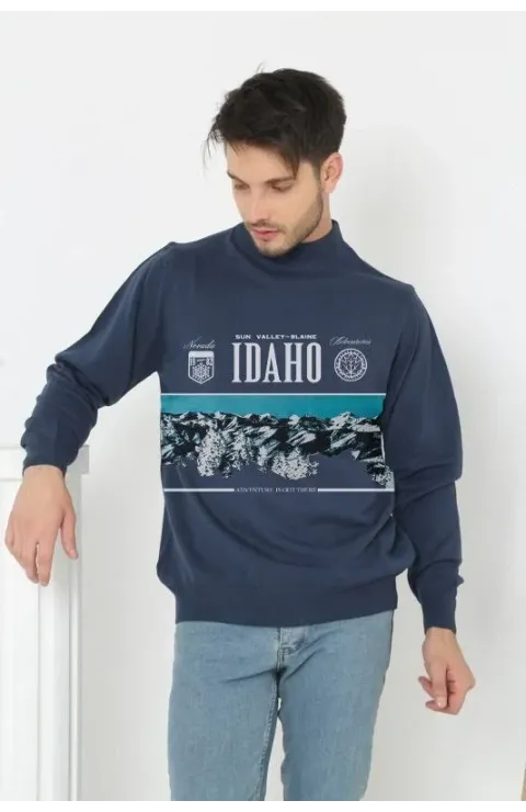 Erkek Yarım Bağazlı Kazak Baskılı Dokuma Triko - Indigo