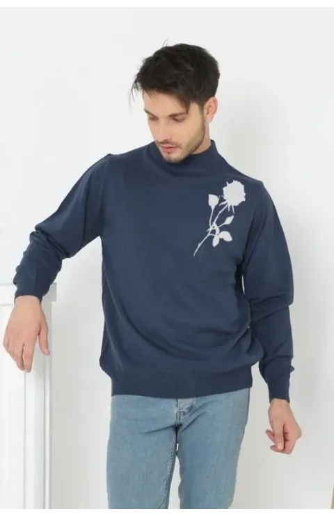 Erkek Yarım Bağazlı Kazak Baskılı Dokuma Triko - Lacivert