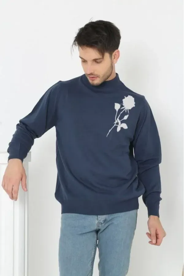 Erkek Yarım Bağazlı Kazak Baskılı Dokuma Triko - Lacivert