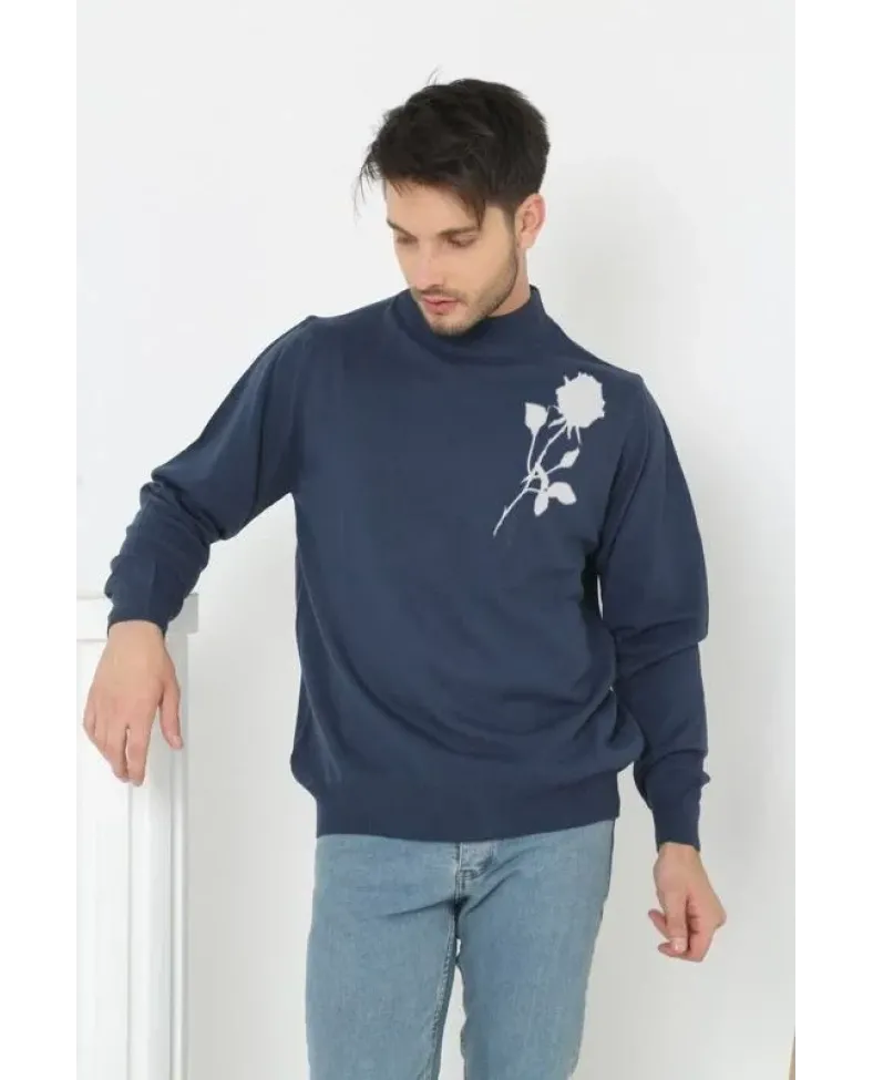 Erkek Yarım Bağazlı Kazak Baskılı Dokuma Triko - Lacivert