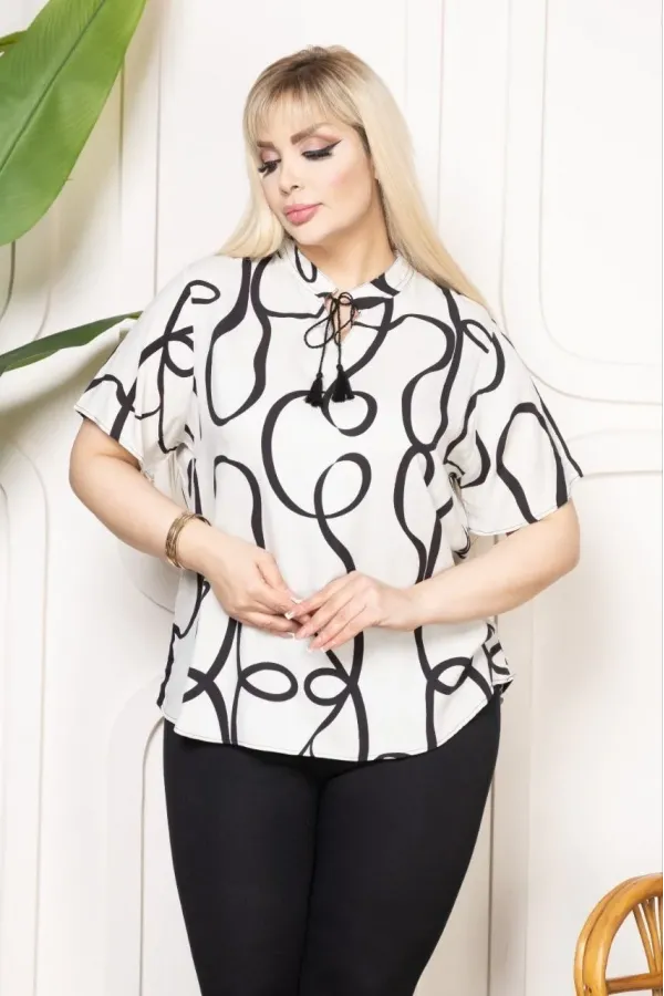Kadın Desenli Püsküllü Viskon Bluz Bebe Yaka Kısa Kollu Big Size Kesim - Desenli