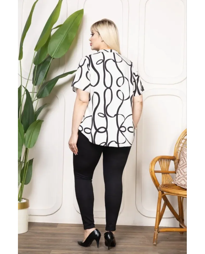 Kadın Desenli Püsküllü Viskon Bluz Bebe Yaka Kısa Kollu Big Size Kesim - Desenli