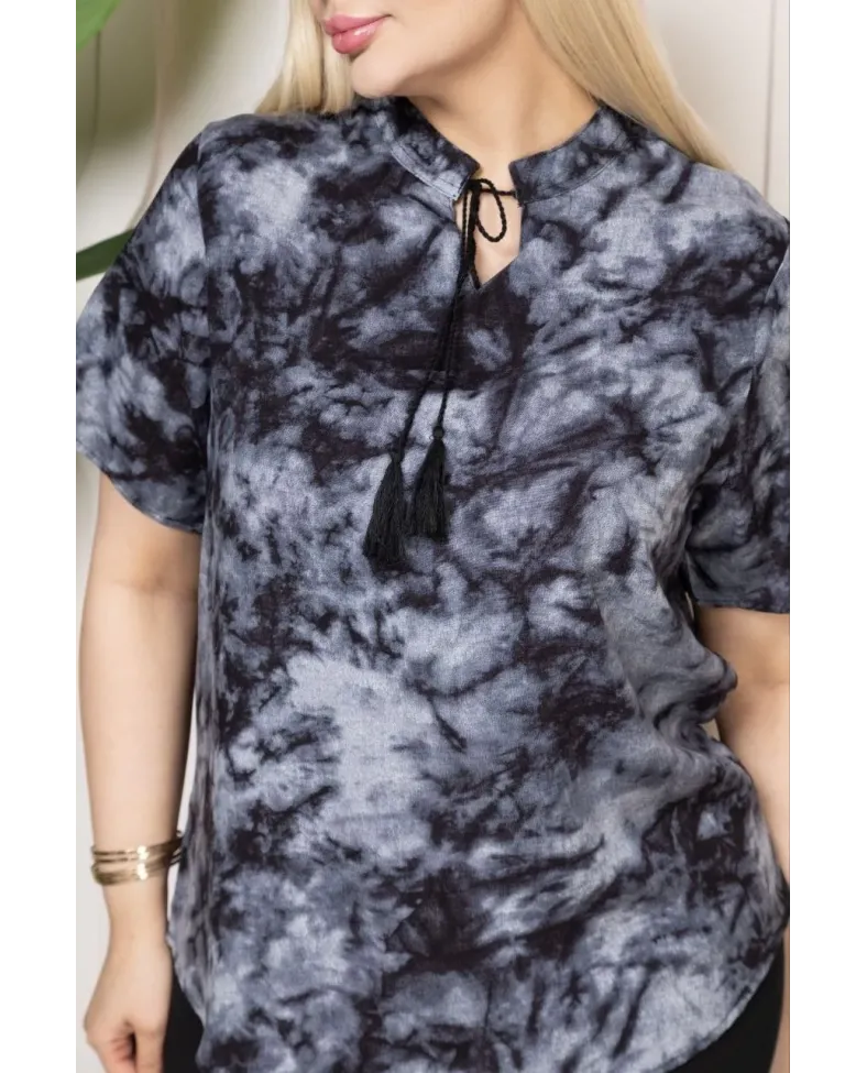 Kadın Desenli Püsküllü Viskon Bluz Bebe Yaka Battal Beden Kısa Kol Somersan Giyim | Kadın, Erkek ve Çocuk Moda