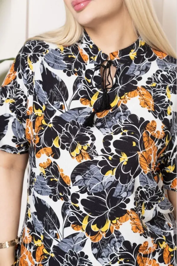 Kadın Desenli Püsküllü Viskon Bluz Bebe Yaka Kısa Kollu Big Size Rahat Kesim - Desenli