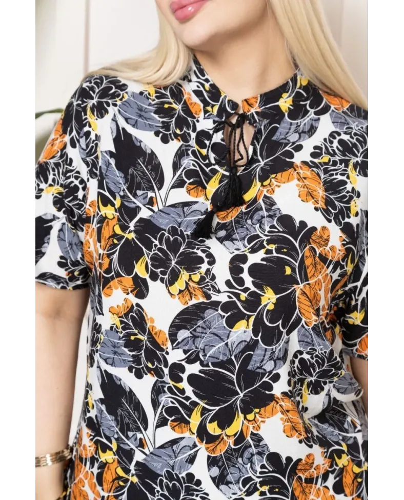 Kadın Desenli Püsküllü Viskon Bluz Bebe Yaka Kısa Kollu Big Size Rahat Kesim - Desenli Somersan Giyim | Kadın, Erkek ve Çocuk Moda