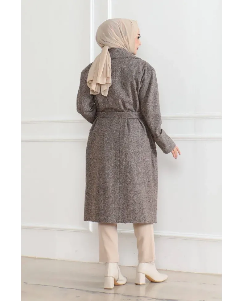 Kadın Kaşe Kaban Uzun Boy Kruvaze Yaka Kuşaklı Tesettür Kaşe Kaban Astarlı Yünlü - Vizon