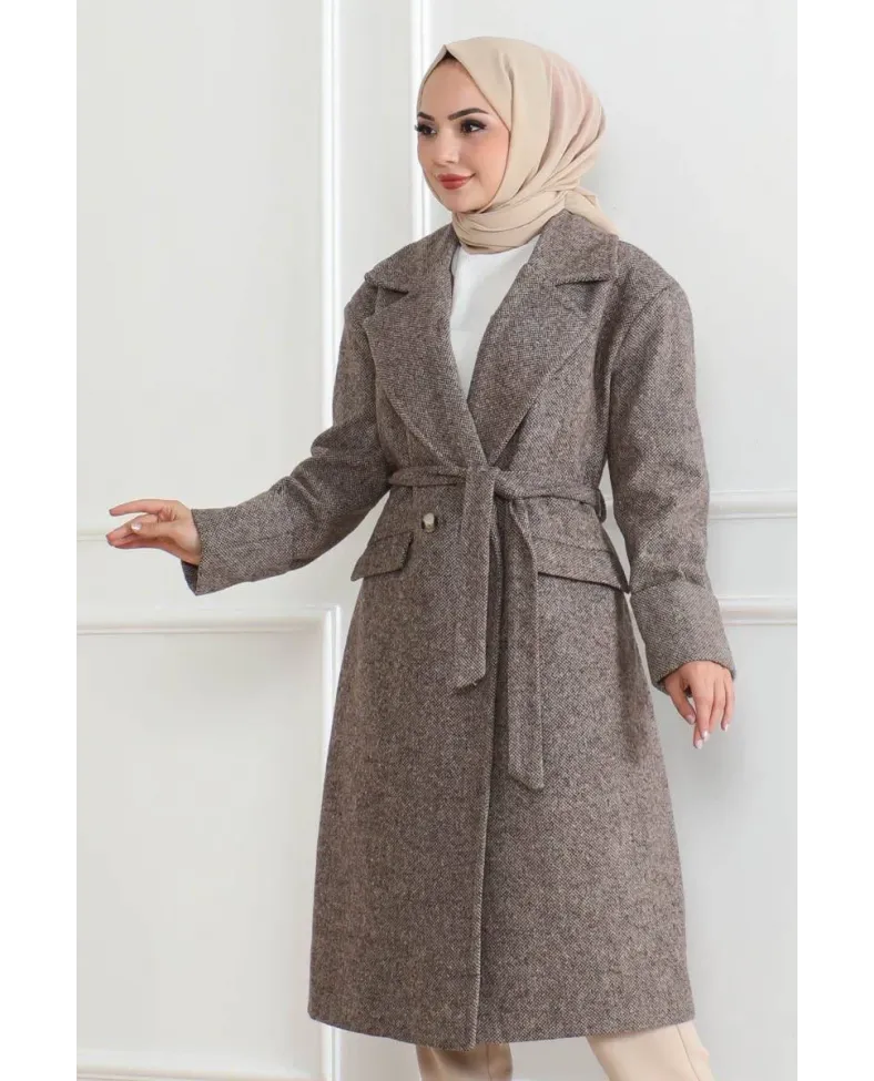 Kadın Kaşe Kaban Uzun Boy Kruvaze Yaka Kuşaklı Tesettür Kaşe Kaban Astarlı Yünlü - Vizon