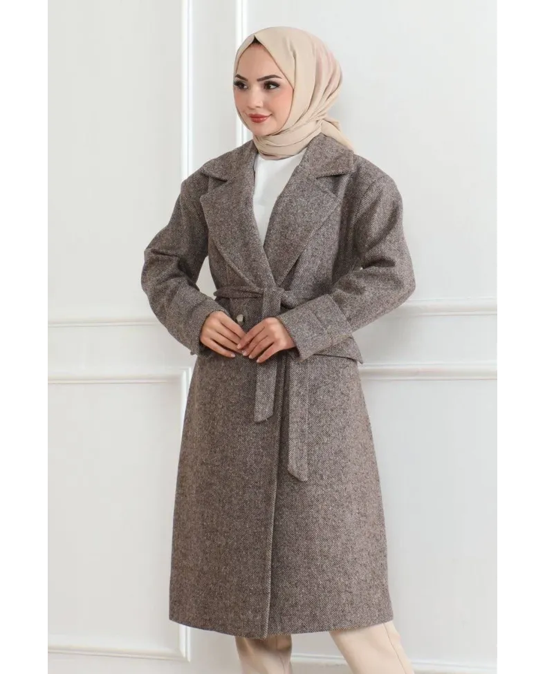 Kadın Kaşe Kaban Uzun Boy Kruvaze Yaka Kuşaklı Tesettür Kaşe Kaban Astarlı Yünlü - Vizon