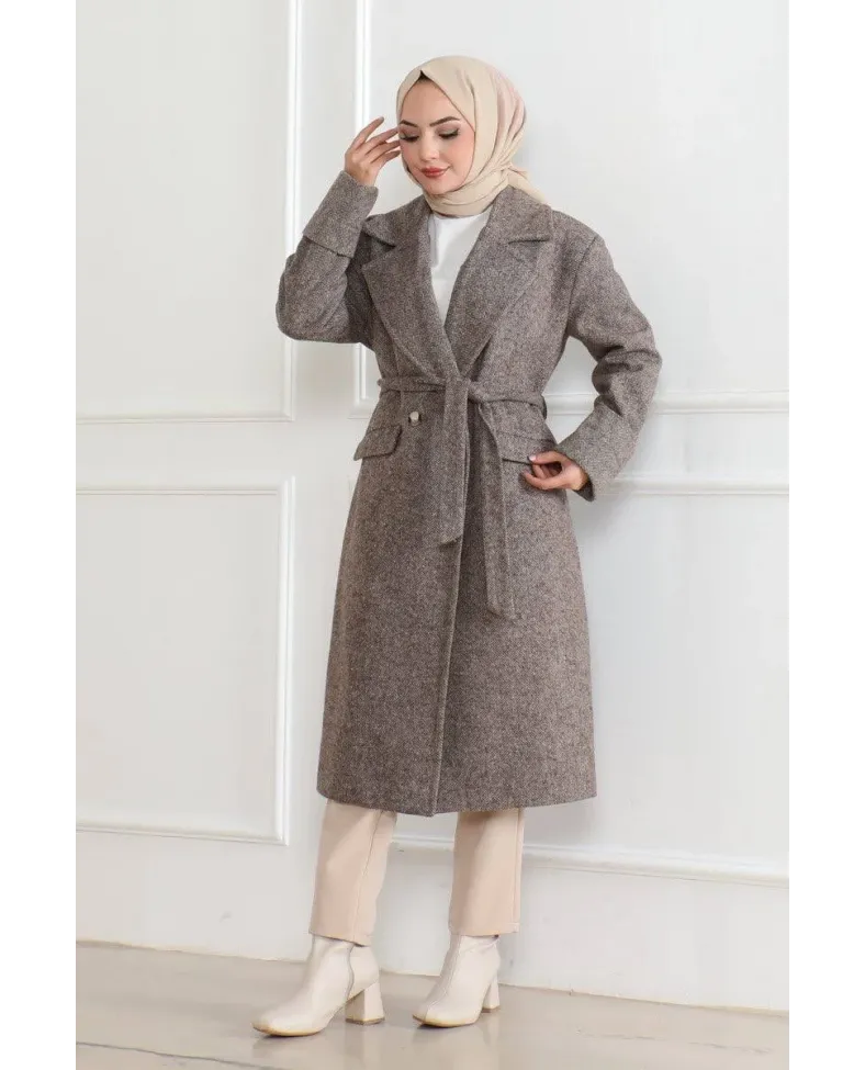 Kadın Kaşe Kaban Uzun Boy Kruvaze Yaka Kuşaklı Tesettür Kaşe Kaban Astarlı Yünlü - Vizon
