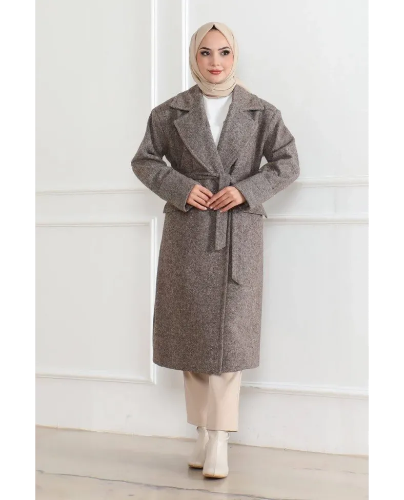 Kadın Kaşe Kaban Uzun Boy Kruvaze Yaka Kuşaklı Tesettür Kaşe Kaban Astarlı Yünlü - Vizon