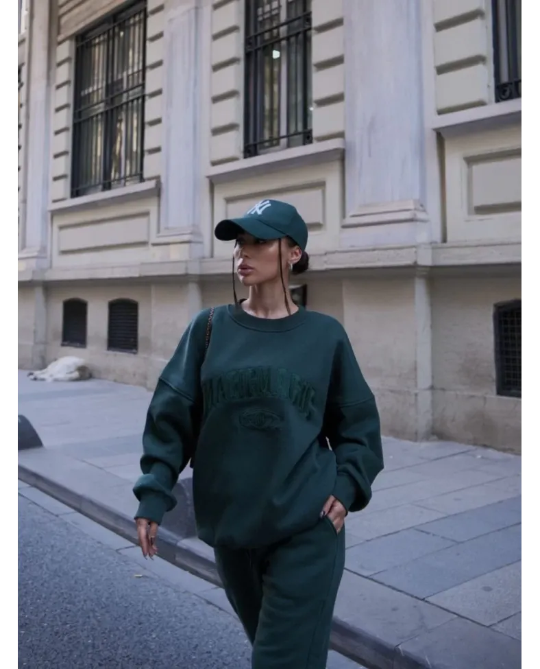 Bisiklet Yaka Nakış İşlemeli Üç İplik Sweat Takım - Yeşil