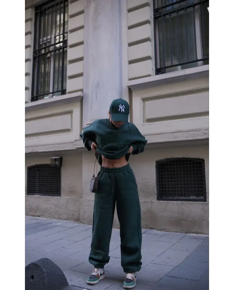 Bisiklet Yaka Nakış İşlemeli Üç İplik Sweat Takım - Yeşil