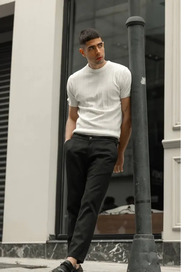 Erkek Biskilet Yaka Triko T-Shirt - Beyaz