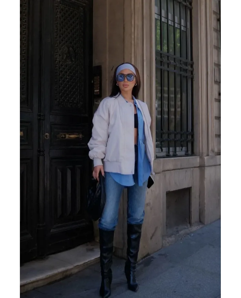 Cepli Bomber Ceket Mont - Beyaz