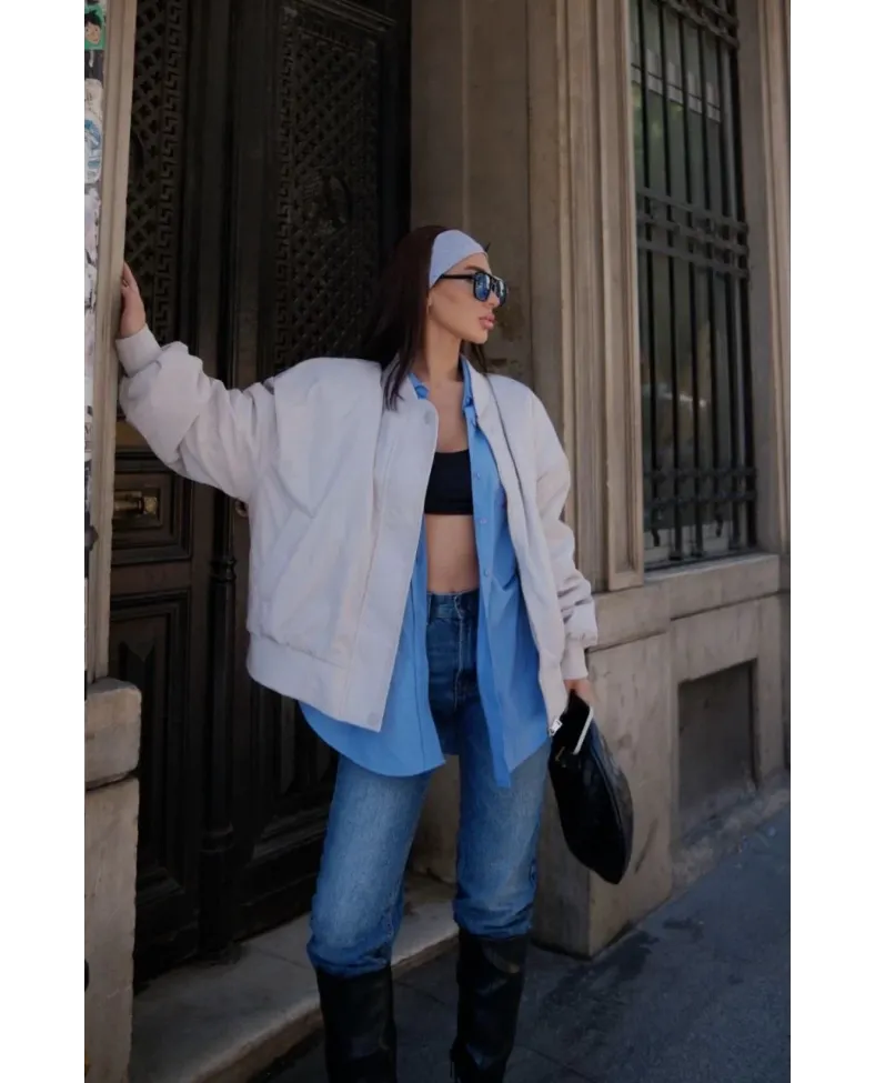 Cepli Bomber Ceket Mont - Beyaz