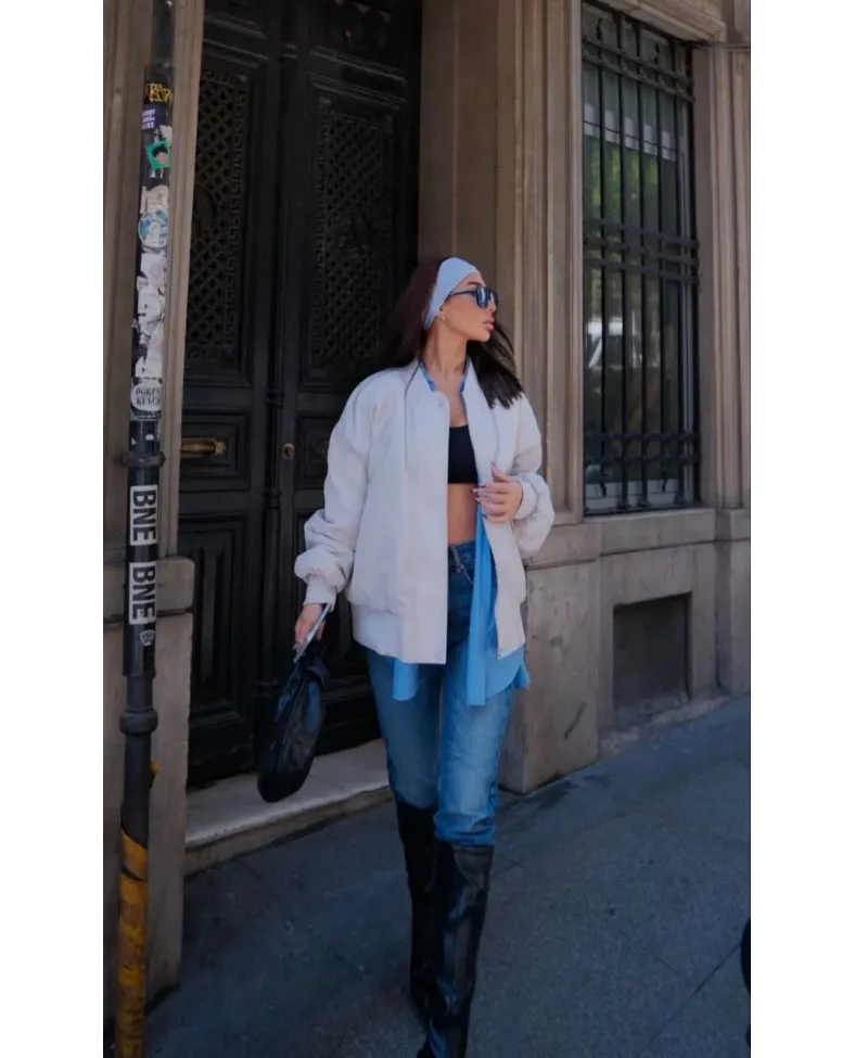 Cepli Bomber Ceket Mont - Beyaz